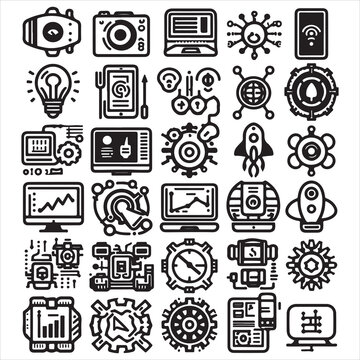 Modern Tech & Cyber Icons in Line Style. Editable stroke