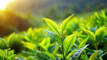 Wall Mural - young green leaves of a tea bush in the rays of the rising sun