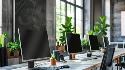 Fototapete - Row of computer monitors sitting on a wooden desk, ideal for tech office or study setting
