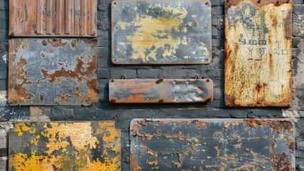 Poster - A close-up shot of old, weathered signs attached to a brick wall