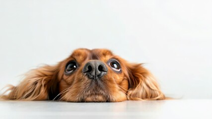 Poster - A brown dog is lying down on a white surface, providing a simple and intimate scene