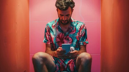 Poster - A person uses their phone while seated on the toilet