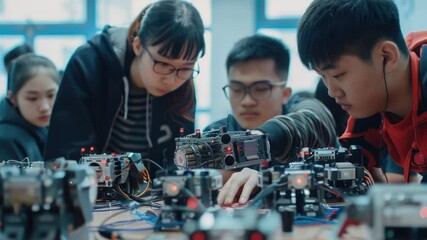 Poster - A group of professionals working together to assemble and test a robot