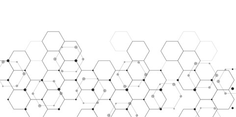 Poster - Molecular structure abstract tech background. Geometric white background. Vector banner design with hexagons. Science network pattern, connecting lines and dots Medical background, Vector illustration