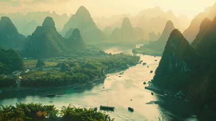 Aufkleber - A serene scene of a river flowing through a lush green valley