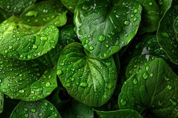 Poster - Close up of vibrant green leaves covered with glistening water droplets, showcasing the beauty of nature after a refreshing rain
