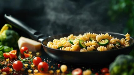 Poster - A close-up shot of a frying pan filled with cooked pasta and mixed vegetables, ready to be served