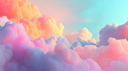 Poster - Dreamy background of colorful, floating clouds in pop-art pastels with soft gradients merging into a bright horizon.