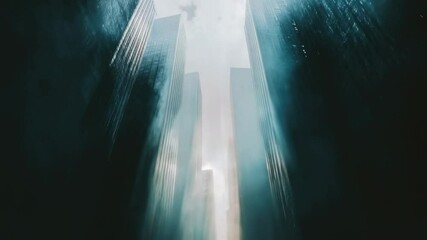 Poster - A high-rise building rises above the clouds, suitable for cityscape or futuristic backgrounds