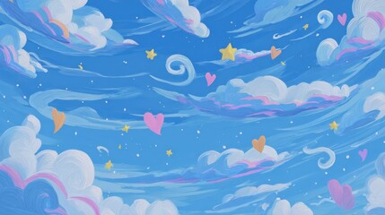 Poster - Colorful clouds shaped like hearts, stars, and swirls in pop style, gently moving in a clear blue sky filled with playful energy.