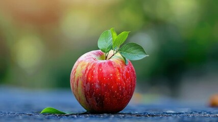 Poster - A close-up shot of a ripe red apple with a green leaf on top