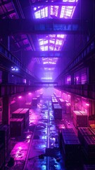 Poster - Mysterious Warehouse Interior with Ultraviolet Light and Dust Motets