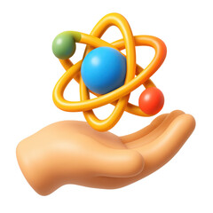 Poster - 3d plastic icon of atom held in a hand representing science, education, discovery, and innovation in a modern and vibrant style