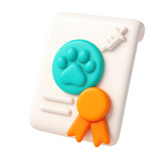 Poster - 3d icon of a white document featuring a paw print, ribbon, and syringe symbolizing veterinary care and animal health recognition in a playful and colorful design