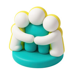 Poster - 3d icons representing teamwork and collaboration in plastic style, showcasing two supportive figures hugging a central figure, emphasizing unity and connection.