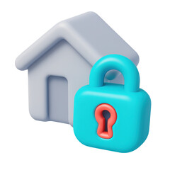 Poster - 3d icon of a house with a padlock symbolizing home security and protection in a digital environment, representing safe living and peace of mind