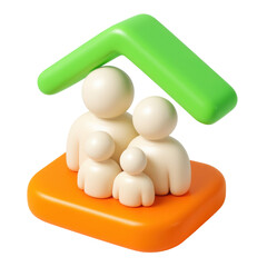 Poster - 3d icon in plastic style representing a family under a protective roof symbolizing home, safety, and togetherness with vibrant colors.