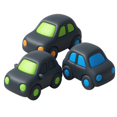 Poster - three colorful 3d car icons in plastic style arranged playfully with distinct features and vibrant colors for children's designs and fun concepts