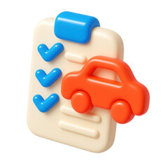 Poster - 3d icon of a checklist with a red car symbolizing vehicle maintenance and documentation, showcasing planning and organization in a colorful plastic style