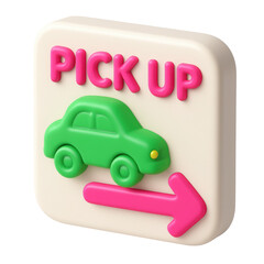 Poster - 3d icon in plastic style showing a vibrant green car with a pick up sign, emphasizing transportation, movement, and playful design elements for modern applications