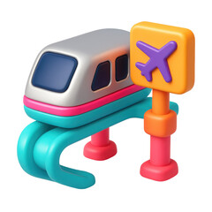 Poster - colorful 3d icon of a plastic monorail train with an airplane sign, suitable for transportation concepts and playful design elements in graphic resources