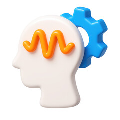 Poster - 3d icon of a human head with mental health symbols and gears representing technology and creativity in a plastic style design