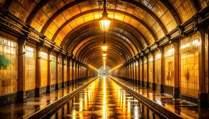 Poster - Amber-lit Metro Tunnel with Dewy Street Lamp Reflections at Dawn