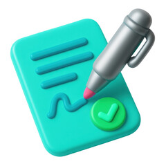 Poster - 3d icon of a stylized plastic note with a pen and checkmark emphasizing creativity and organization in digital design, perfect for modern illustrations and icons.