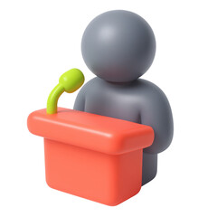 Poster - 3d icon of a speaker at a podium with a microphone in plastic style, representing public speaking and communication in a minimalistic design