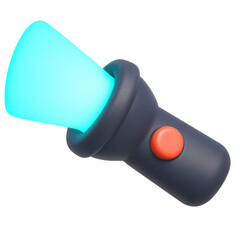 Poster - 3d icon of a flashlight in plastic style with a glowing blue light, suitable for various digital applications and modern design projects