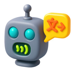 Poster - 3d icon of a friendly robot with bright eyes and a speech bubble, showcasing playful design in plastic style with vibrant colors and modern aesthetics