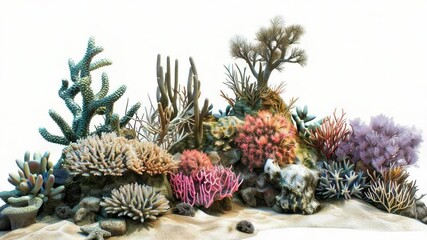 Poster - A collection of colorful corals on a white surface, perfect for use in illustrations or designs about marine life, ocean, sea, and beach
