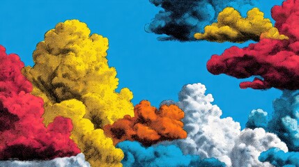 Poster - Bold, graphic clouds in primary pop colors drifting across a bright azure sky, giving off retro comic book vibes.