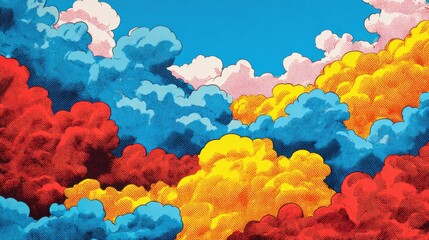 Poster - Bold, graphic clouds in primary pop colors drifting across a bright azure sky, giving off retro comic book vibes.