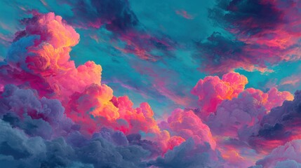 Poster - A sky of dynamic, flowing clouds in vibrant colors like hot pink, lime, and teal with a fun, youthful pop aesthetic.