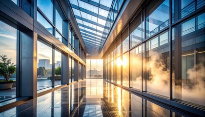 Poster - Soft Dawn Light Shining Through Modern Glass Atrium with Steam
