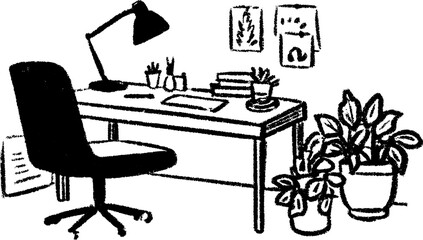Fototapete - Designer's workspace sketch with large drawing and office desk elements