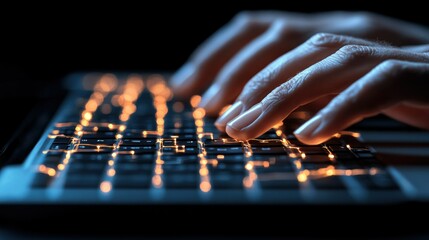 Fingers typing on an illuminated keyboard in the dark