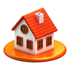 Poster - Stylized 3 D render of a white house with red roof chimney and windows on an orange platform against a black background isolated on a transparent background