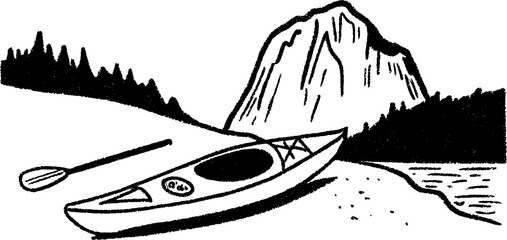 Fototapete - Kayak on sandy shore beside paddle with mountain view for outdoor adventure design