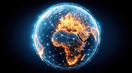 Aufkleber - Glowing digital 3D render of Earth showing illuminated continents with network connections and bright points of light