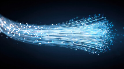 Aufkleber - Glowing blue fiber optic cable strands with light points on dark background, conveying high speed data transfer and modern technology
