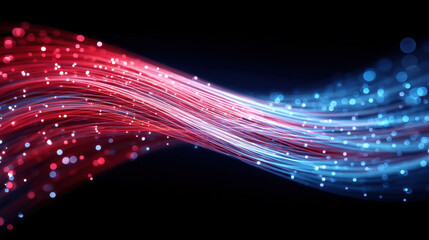 Aufkleber - Glowing abstract fiber optic cable visualization with flowing red and blue light strands creating dynamic and vibrant digital effect