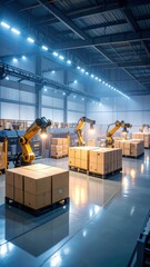 Poster - Foggy Warehouse with Robots and Ambient Light under Sparkling Wires