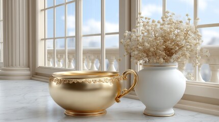 Poster - Sunlight streams through large windows, highlighting a golden bowl and a white vase with dried flowers on a marble surface in a sleek room