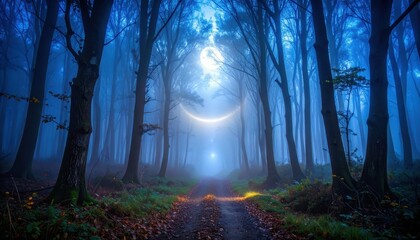 Poster - Enchanted Forest Trail Under Fog and Twilight Blue Halos