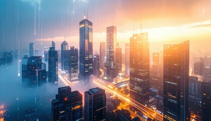 Poster - Futuristic Skyline at Dawn with Fog and Rainlight Streaks