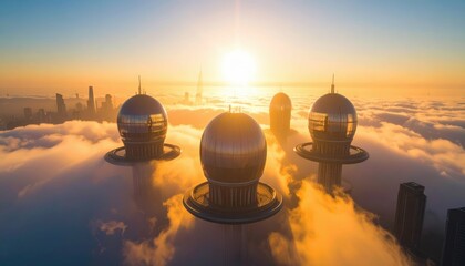 Poster - Futuristic Skyline with Fog and Golden Hour Glow Over Cityscape