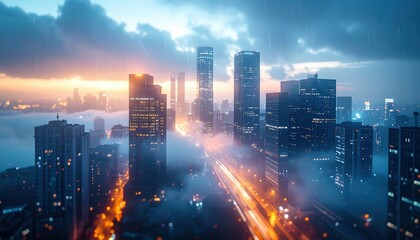 Poster - Futuristic Skyline with Fog and Rain at Dawn in Soft Light