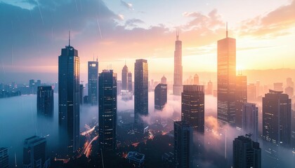 Poster - Fog-Laden Futuristic Skyline at Dawn with Rain and Soft Light Effects